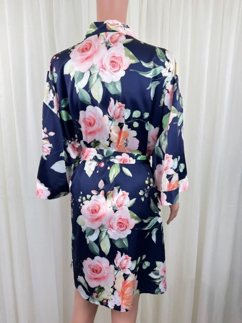 Turquaz Carmen Floral Satin Kimono Robe Navy Blue Rose Wrap Tie Waist Sz LG